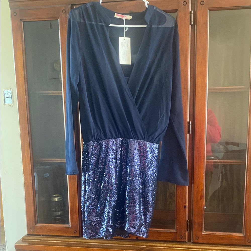 ILIA Navy Long-Sleeve Sequin Skirt Wrap Dress